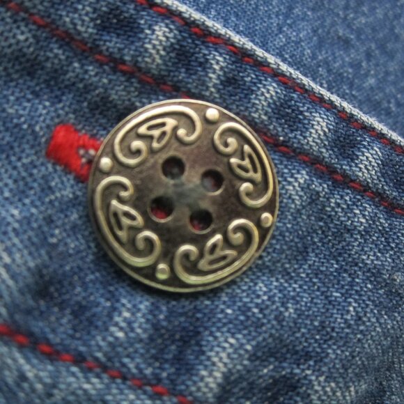 Vtg Chicos 1 Women M Blue Denim Jacket Red Gold Floral Embroidered Pewter Button - Picture 3 of 12
